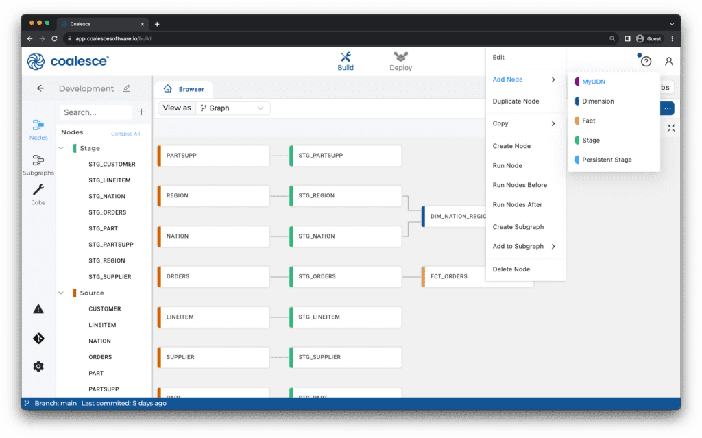Coalesce UI with DAG for Snowflake data transformation pipeline with cursor adding new node type via dropdown menu