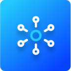 interoperability icon with blue data node and white connected nodes on dark blue background