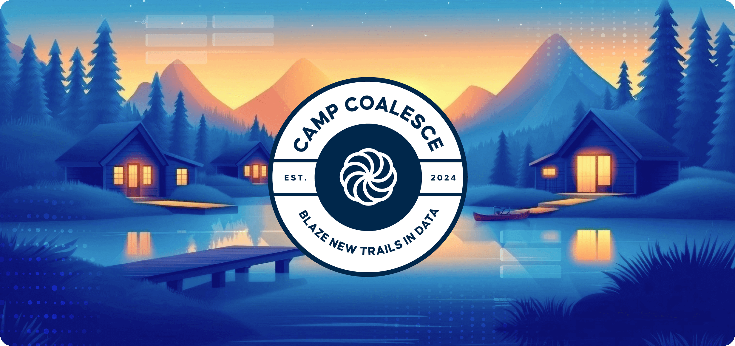 Camp Coalesce logo badge overlay on cabin lake scene at sunset – virtual data camp branding image.