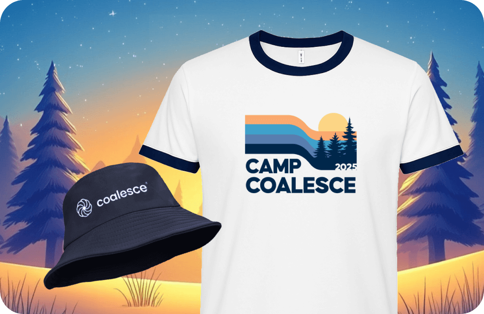Camp Coalesce swag giveaway with branded ringer tee and bucket hat set against a colorful camp sunset background.