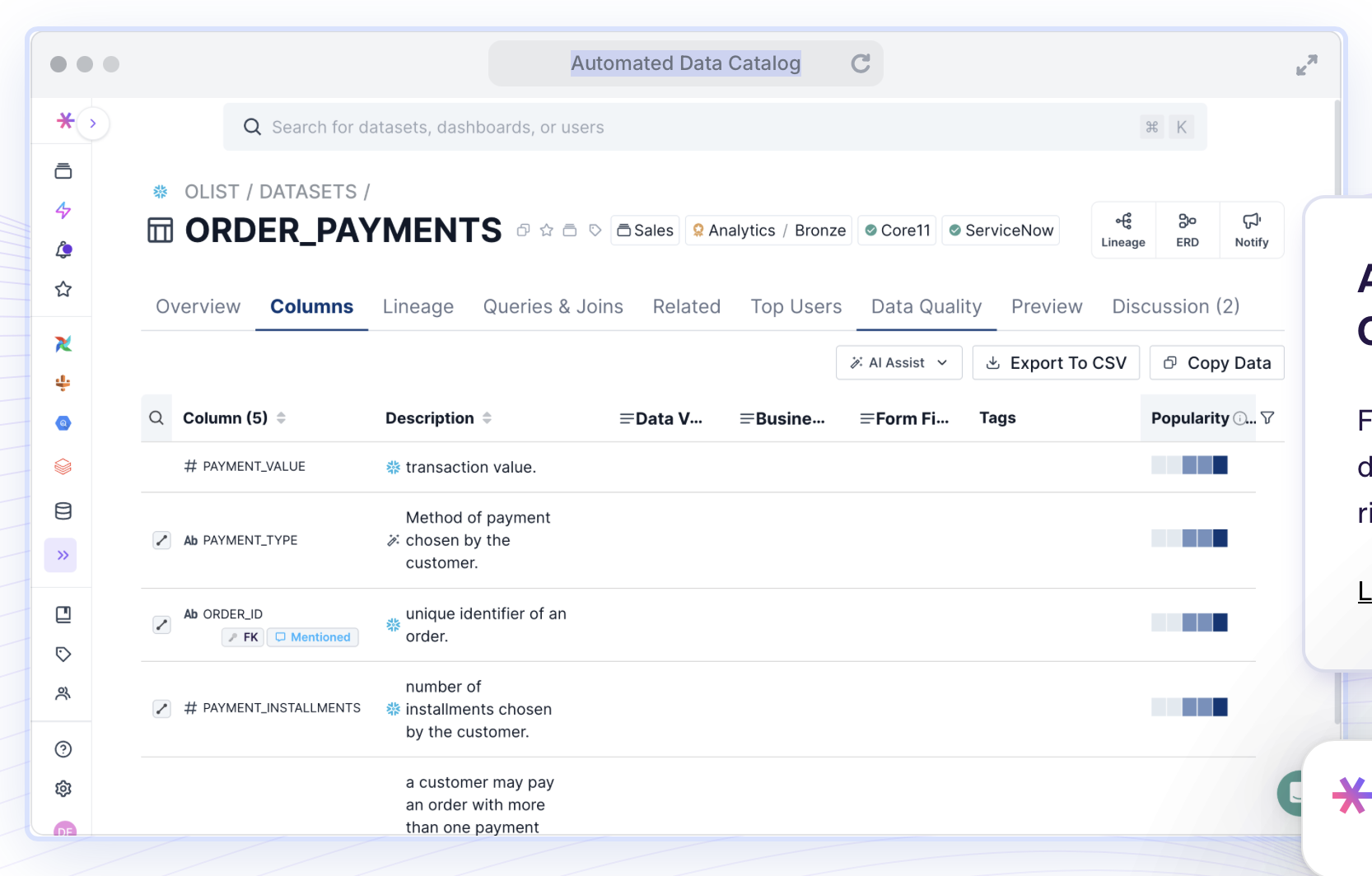 Screenshot of Select Star’s SaaS data catalog showing dataset columns, descriptions, lineage, and popularity scores in a clean, user-friendly interface.