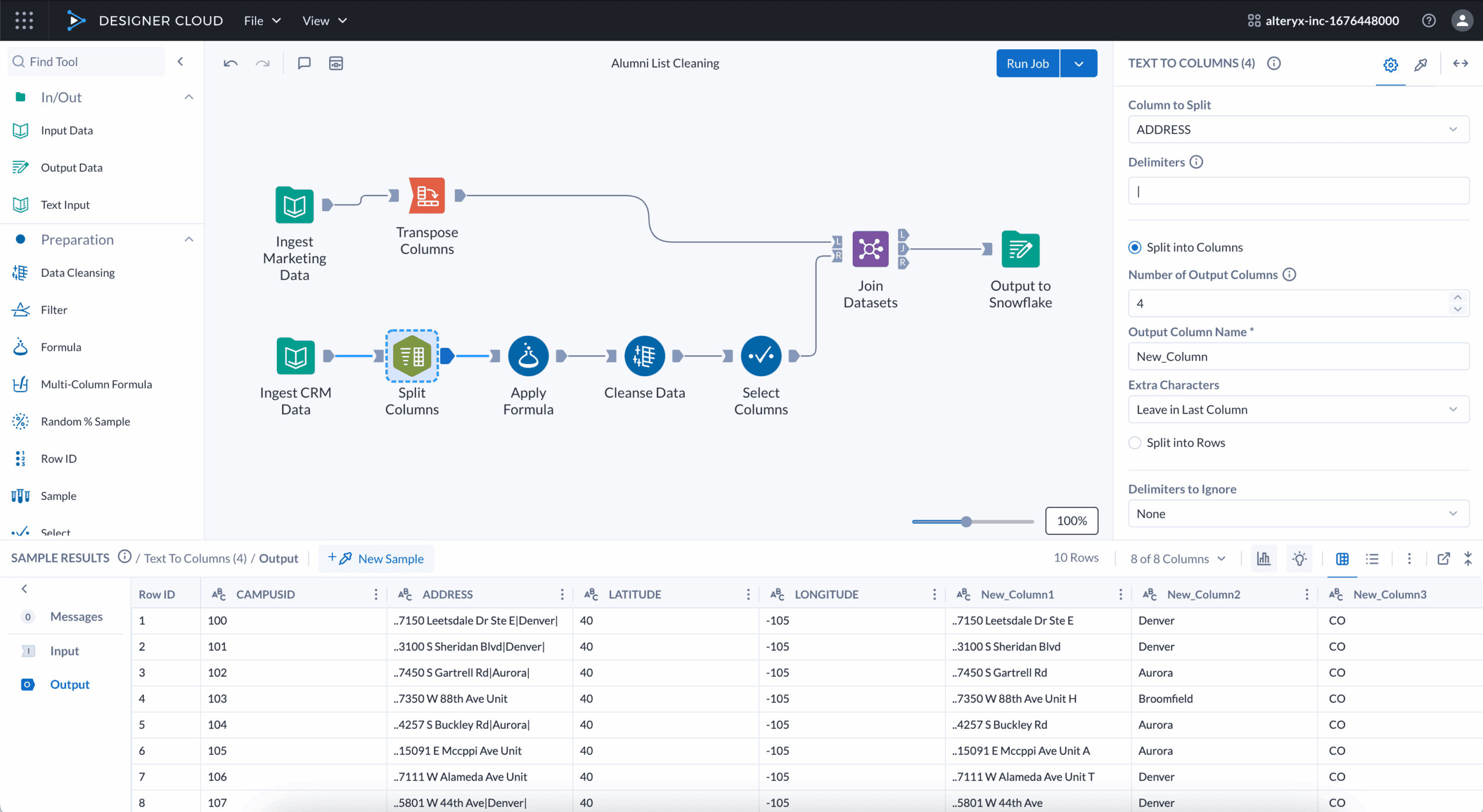  Alteryx Designer Cloud interface showing transformation preview and profiling panel.