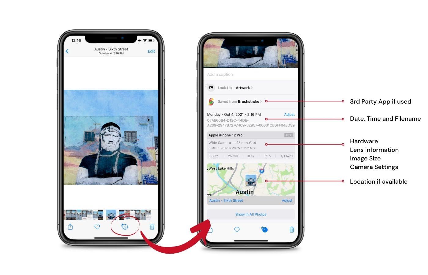 Two iPhone Photos screenshots showing how to view photo metadata—app used, date/time/filename, hardware and lens details, image size, camera settings, and location map (Austin).