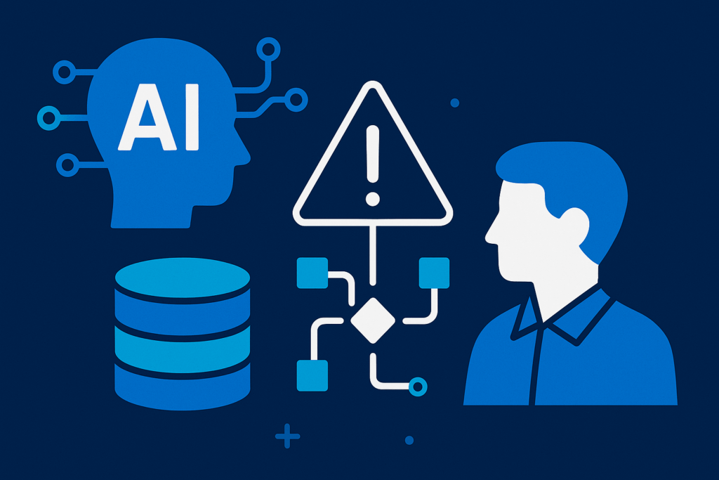 llustration showing collaboration between AI and data engineers using blue and white modern icons—AI head, database, charts, and workflow symbols—on a dark blue background.